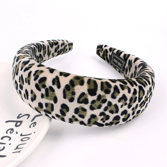 Women's Handmade Leopard Print Beaded Flannel Headband With Sponge Padding Fashion Hair Accessory
