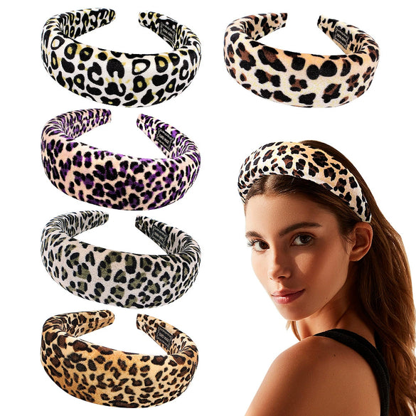 Women's Handmade Leopard Print Beaded Flannel Headband With Sponge Padding Fashion Hair Accessory