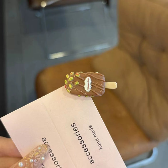 Women's Handmade Mixed Materials Heart Shaped Cartoon Sweet Chocolate Ice Cream Bangs Hairpin