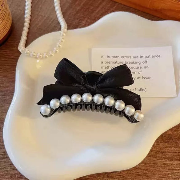 Women's Handmade Mixed Materials Sweet Faux Pearl Black Bowknot Hair Clip