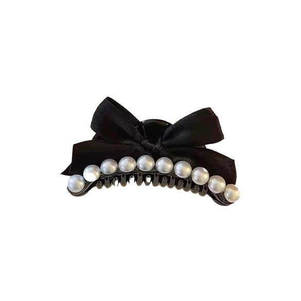 Women's Handmade Mixed Materials Sweet Faux Pearl Black Bowknot Hair Clip