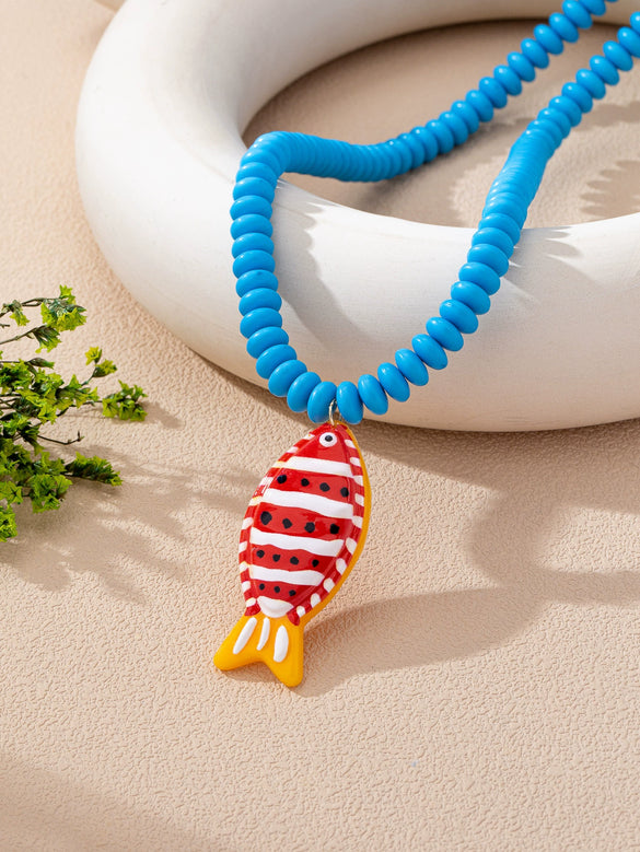 Women's Handmade Multilayer Beaded Necklace With Geometric Fish Pendant Plastic And Resin Jewelry For Vacation Style