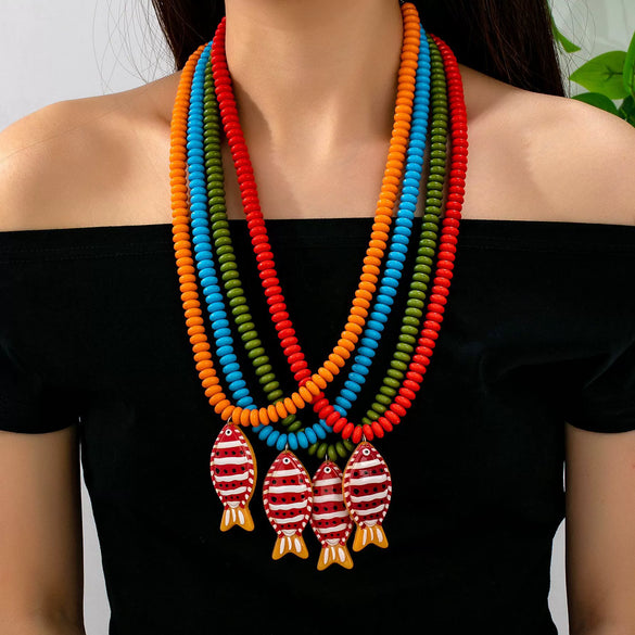 Women's Handmade Multilayer Beaded Necklace With Geometric Fish Pendant Plastic And Resin Jewelry For Vacation Style