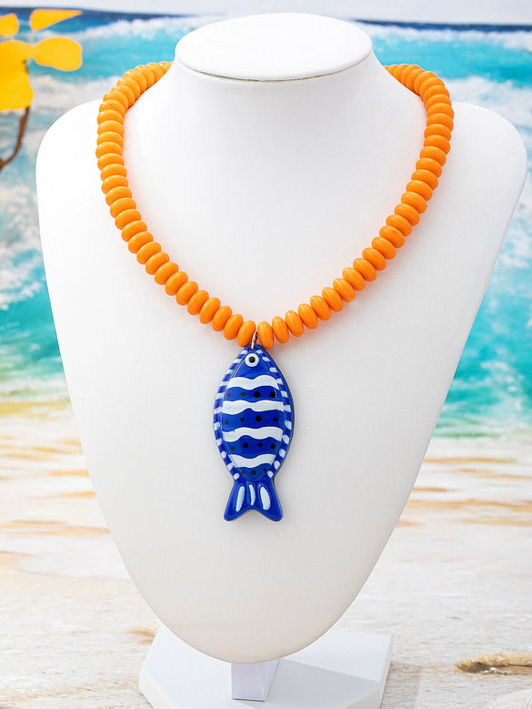 Women's Handmade Multilayer Beaded Necklace With Geometric Fish Pendant Plastic And Resin Jewelry For Vacation Style