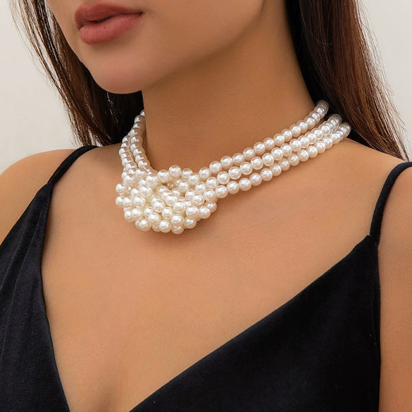 Women's Handmade Multilayer Imitation Pearl Geometric Beaded Clavicle Chain Necklace