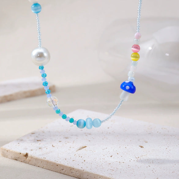 Women's Handmade Mushroom Style Beaded Necklace With Rice Beads Colored Glaze And Stainless Steel