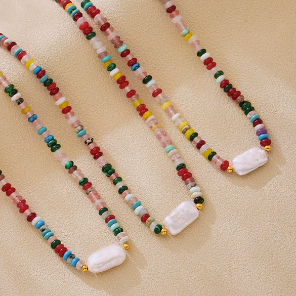 Women's Handmade Natural Stone And Freshwater Pearl Geometric Pattern Baroque Necklace With Electroplating