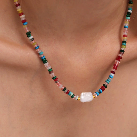 Women's Handmade Natural Stone And Freshwater Pearl Geometric Pattern Baroque Necklace With Electroplating