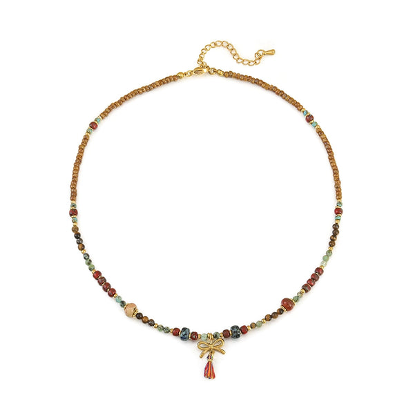 Women's Handmade Natural Stone Beaded Necklace With Copper And Stainless Steel Bow Pendant