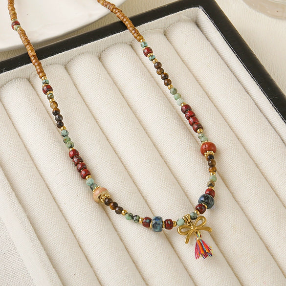 Women's Handmade Natural Stone Beaded Necklace With Copper And Stainless Steel Bow Pendant