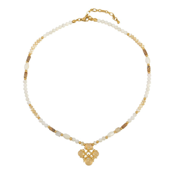 Women's Handmade Natural Stone Rice Beads Shell Stainless Steel Geometric Stacked Beaded Clavicle Necklace