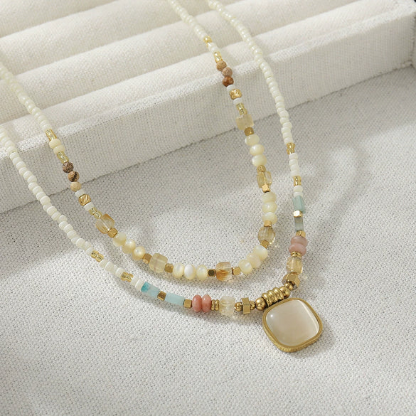 Women's Handmade Natural Stone Rice Beads Shell Stainless Steel Geometric Stacked Beaded Clavicle Necklace