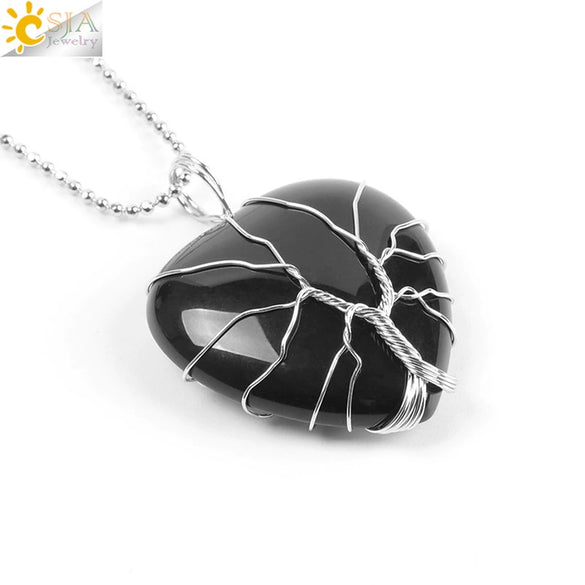 Women's Handmade Natural Stone Tree Of Life Pendant Necklace With Copper Wire Winding Minimalist Electroplated Jewelry