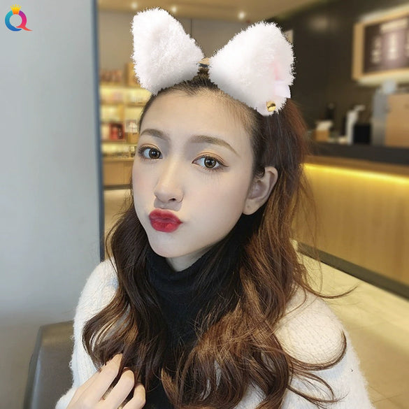 Women's Handmade Plush Cat Ear Headband With Bell And Bow Cute Animal Lolita Hair Accessory