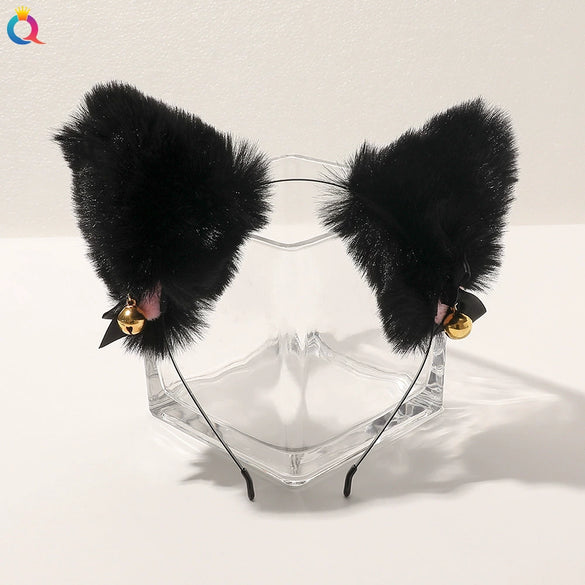 Women's Handmade Plush Cat Ear Headband With Bell And Bow Cute Animal Lolita Hair Accessory