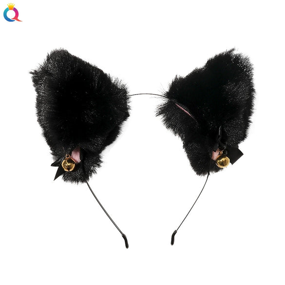 Women's Handmade Plush Cat Ear Headband With Bell And Bow Cute Animal Lolita Hair Accessory