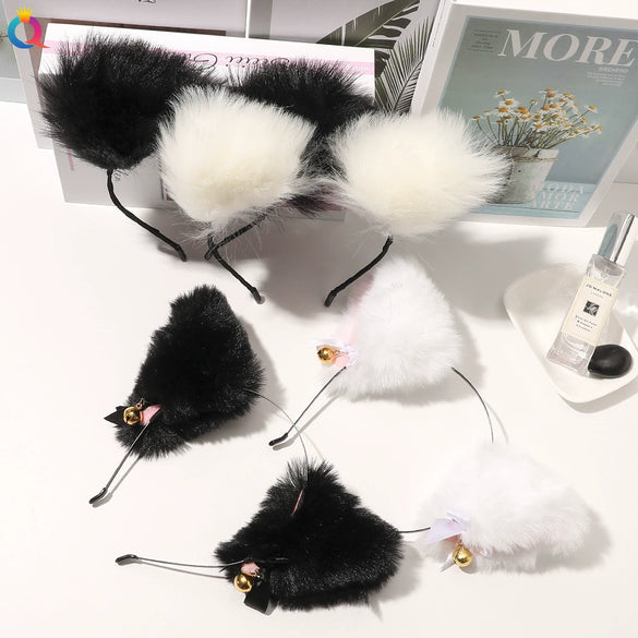 Women's Handmade Plush Cat Ear Headband With Bell And Bow Cute Animal Lolita Hair Accessory
