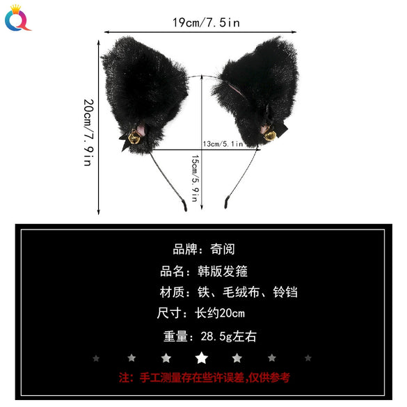 Women's Handmade Plush Cat Ear Headband With Bell And Bow Cute Animal Lolita Hair Accessory