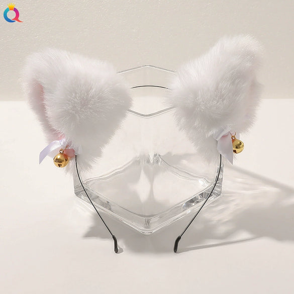 Women's Handmade Plush Cat Ear Headband With Bell And Bow Cute Animal Lolita Hair Accessory