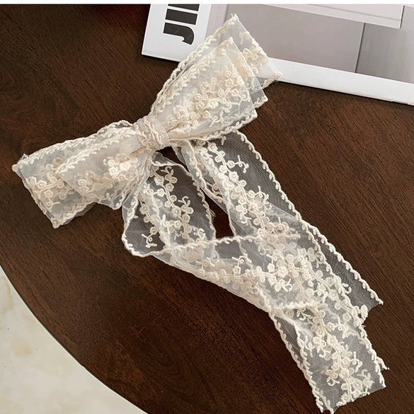 Women's Handmade Polyester Fiber Threelayer Lace Streamer Bow Hairpin Sweet Style Spring Clip Hair Accessory