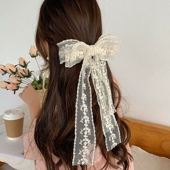 Women's Handmade Polyester Fiber Threelayer Lace Streamer Bow Hairpin Sweet Style Spring Clip Hair Accessory