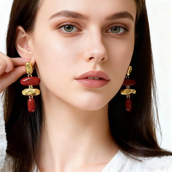 Women's Handmade Red And Blue Drip Glaze Geometric Iron Earrings With Stainless Steel Ear Posts