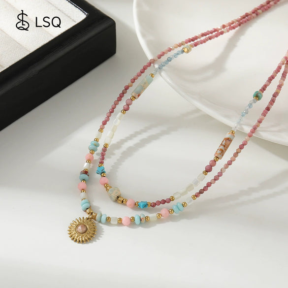 Women's Handmade Redstone Shell Stainless Steel Geometric Beaded Summer Clavicle Necklace