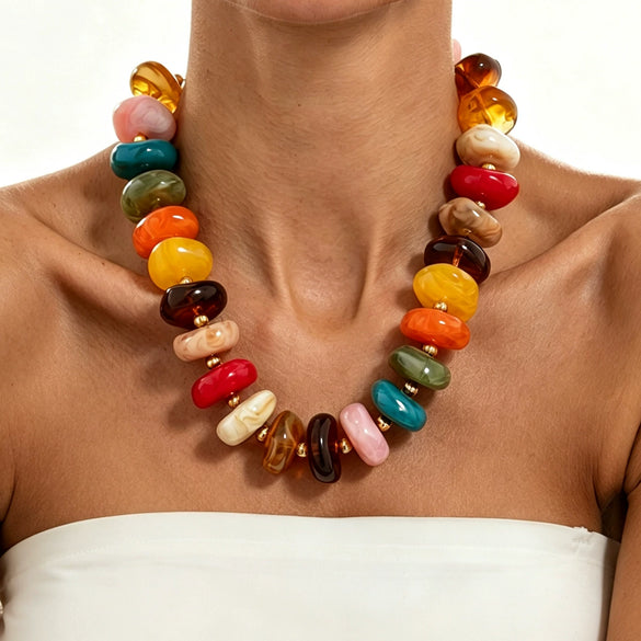 Women's Handmade Resin Beaded Necklace With Irregular Geometric Beads And Lobster Clasp Minimalist Stylish Jewelry