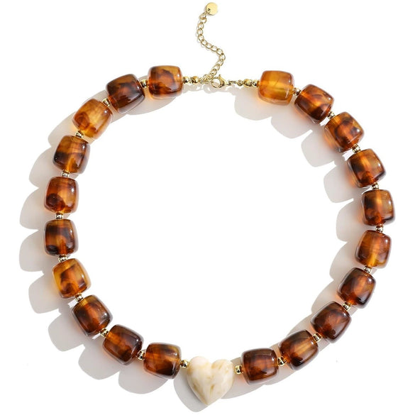 Women's Handmade Resin Heart Pendant Beaded Necklace With Contrasting Color Geometric Beads Exaggerated Statement Jewelry