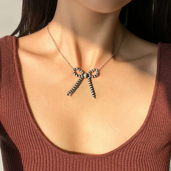 Women's Handmade Retro Geometric Bow Pendant Clavicle Necklace Copperclad Iron Chain