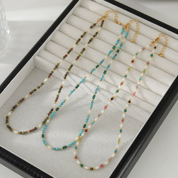 Women's Handmade Retro Natural Optimized Blue Pine Maliteite Geometric Beaded Clavicle Necklace