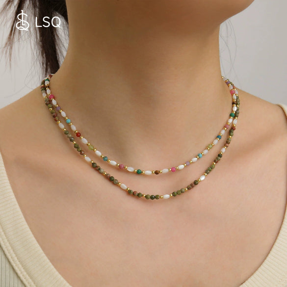 Women's Handmade Retro Natural Optimized Blue Pine Maliteite Geometric Beaded Clavicle Necklace