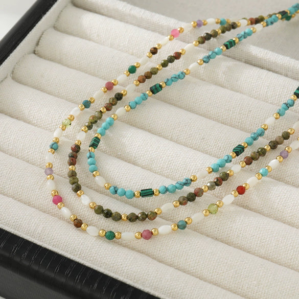 Women's Handmade Retro Natural Optimized Blue Pine Maliteite Geometric Beaded Clavicle Necklace