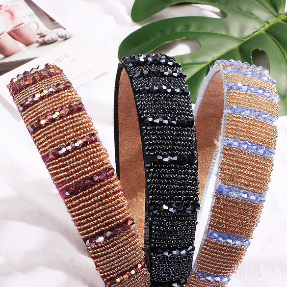 Women's Handmade Rhinestone Beaded Wide Headband Crystal Hair Accessory For Wholesale