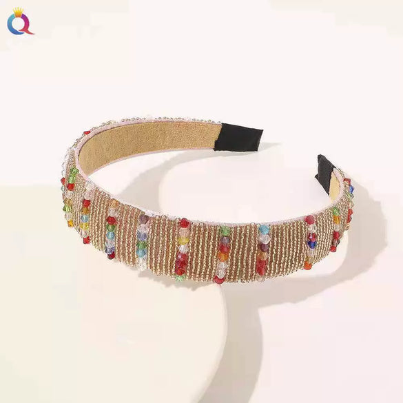 Women's Handmade Rhinestone Beaded Wide Headband Crystal Hair Accessory For Wholesale