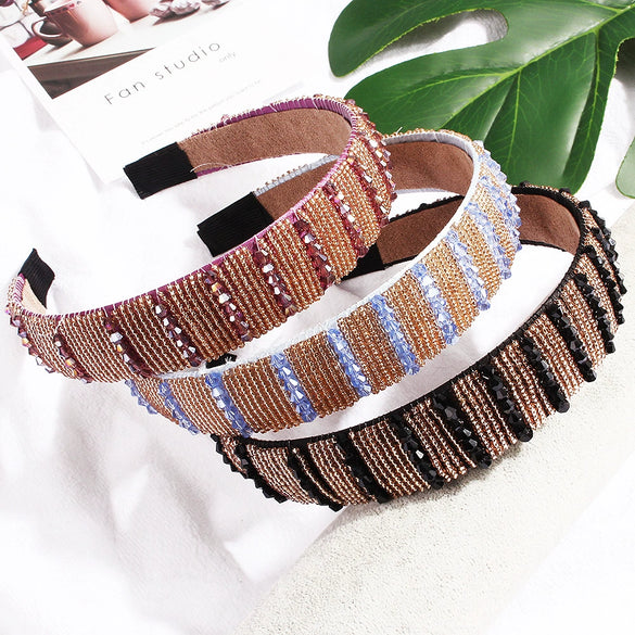 Women's Handmade Rhinestone Beaded Wide Headband Crystal Hair Accessory For Wholesale