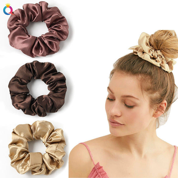 Women's Handmade Satin Scrunchie Hair Tie Set Solid Color Fabric Hair Ring Headband Wholesale