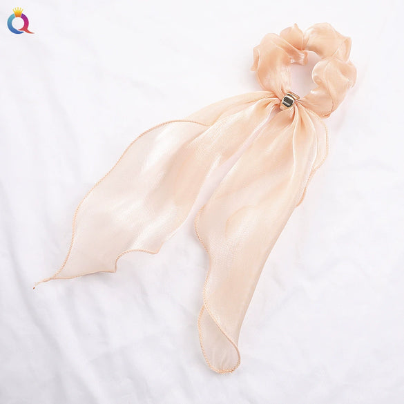 Women's Handmade Solid Color Satin Ribbon Scrunchie Hair Tie Soft Cloth Hair Accessory