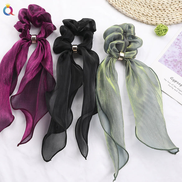Women's Handmade Solid Color Satin Ribbon Scrunchie Hair Tie Soft Cloth Hair Accessory