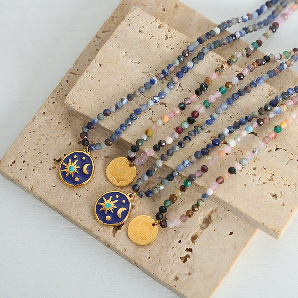 Women's Handmade 316L Stainless Steel Pendant Jewelry With Blue Starry Sky Glaze And Natural Stone Geometric Pattern Electroplated