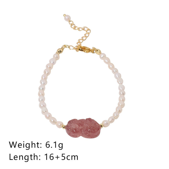 Women's Handmade Tourmaline Strawberry Crystal Pixiu Freshwater Pearl Bracelet Fashion With Animal Zodiac Style