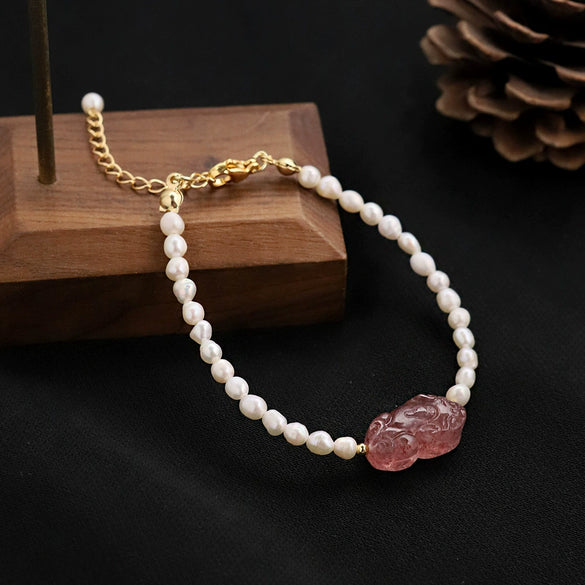 Women's Handmade Tourmaline Strawberry Crystal Pixiu Freshwater Pearl Bracelet Fashion With Animal Zodiac Style
