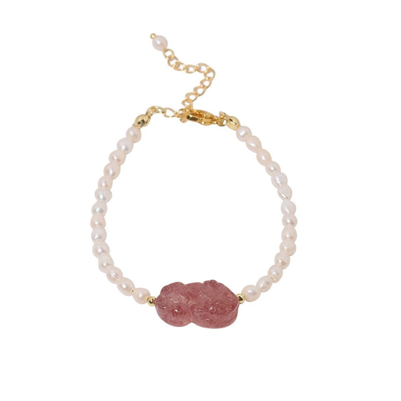 Women's Handmade Tourmaline Strawberry Crystal Pixiu Freshwater Pearl Bracelet Fashion With Animal Zodiac Style