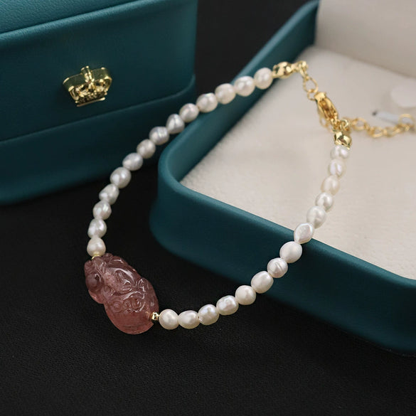 Women's Handmade Tourmaline Strawberry Crystal Pixiu Freshwater Pearl Bracelet Fashion With Animal Zodiac Style