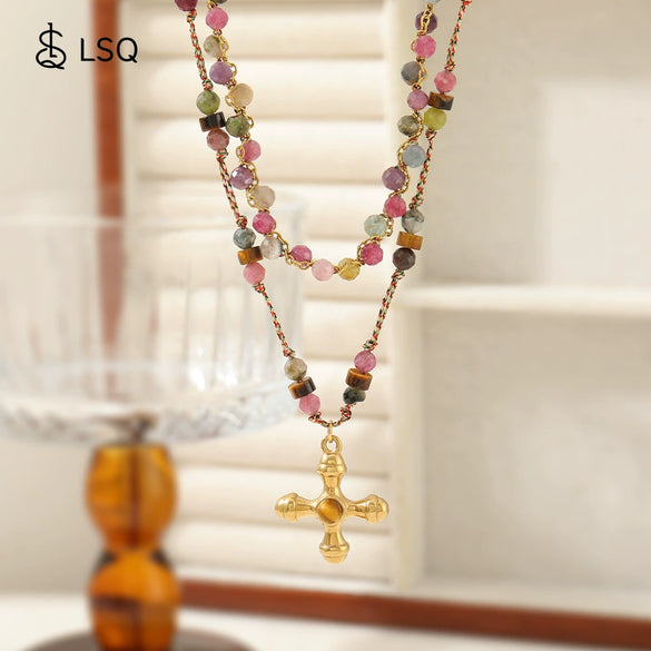 Women's Handmade Tourmaline Tiger Eye Stone Stainless Steel Geometric Beaded Necklace With Copper Pendant And Ball Bead Chain