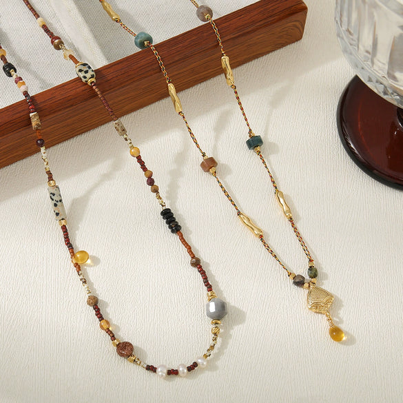 Women's Handmade Vintage Geometric Natural Freshwater Pearls Spotted Stone Black Agate Czech Beads Stainless Steel Pendant Necklace