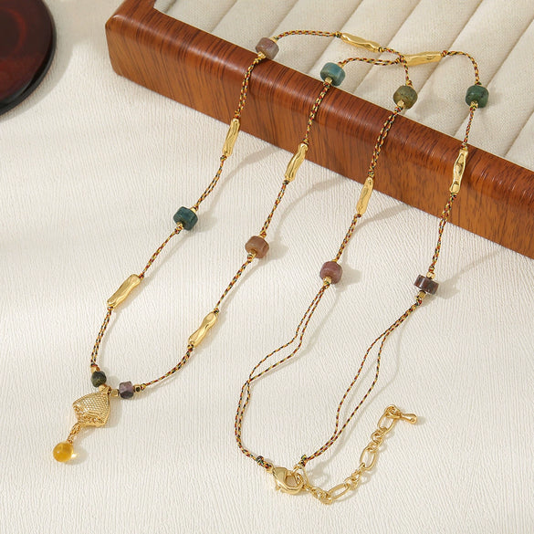 Women's Handmade Vintage Geometric Natural Freshwater Pearls Spotted Stone Black Agate Czech Beads Stainless Steel Pendant Necklace