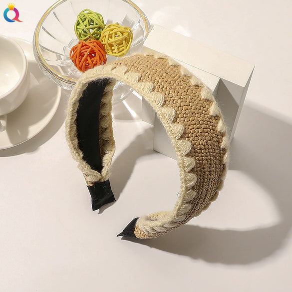 Women's Handmade Wool And Hemp Knitted Wide Edge Cross Knot Headband Woven Hair Accessory