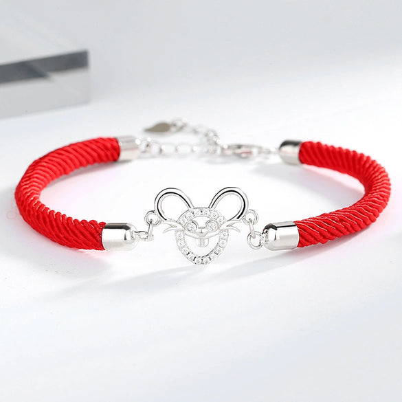 Women's Handmade Woven Red Rope Bracelet With 925 Silver Zodiac Mouse Charm Electroplated Animal Pendant Jewelry