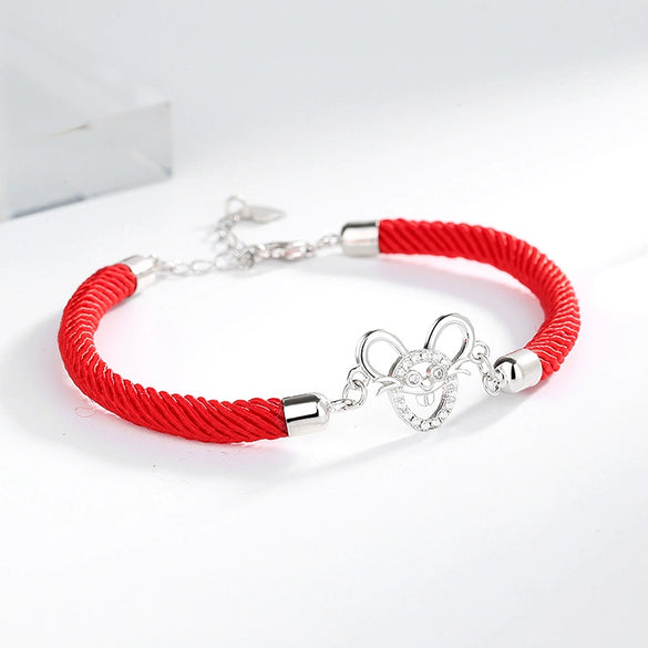 Women's Handmade Woven Red Rope Bracelet With 925 Silver Zodiac Mouse Charm Electroplated Animal Pendant Jewelry